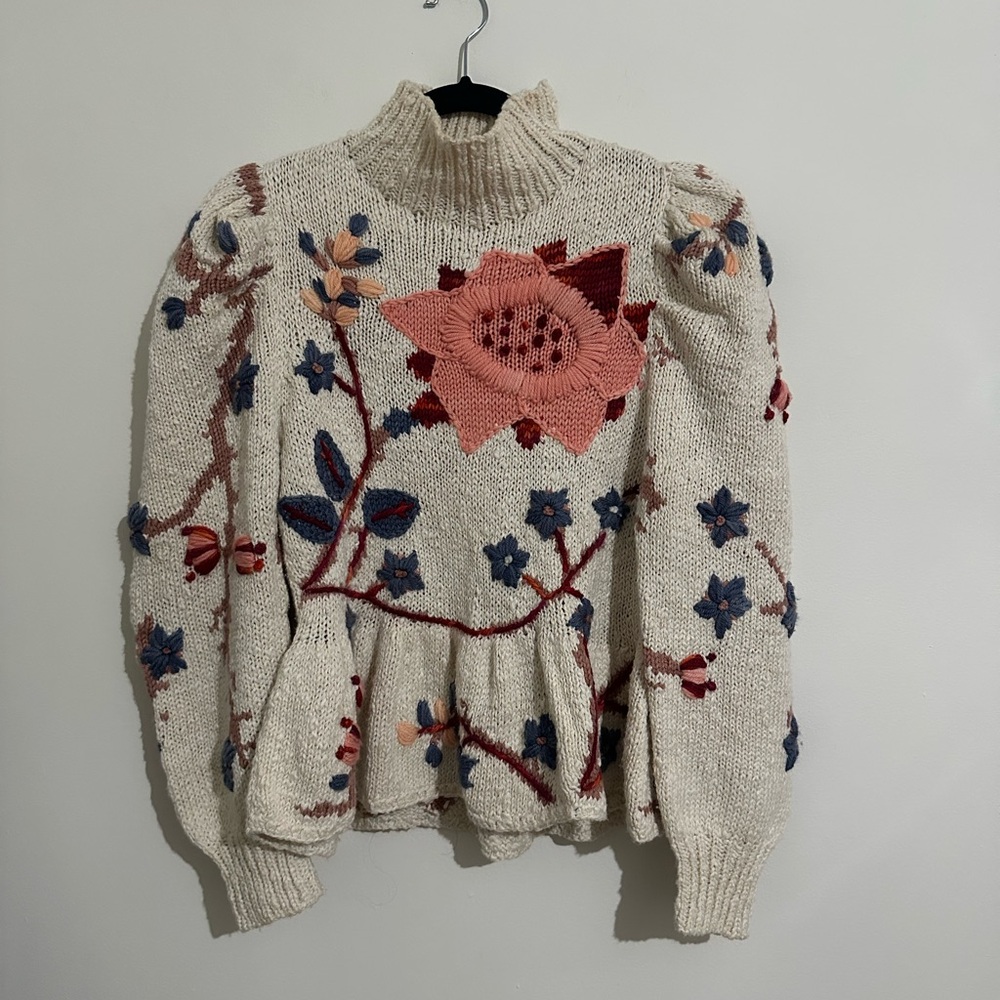 Handmade floral knit peplum sweater